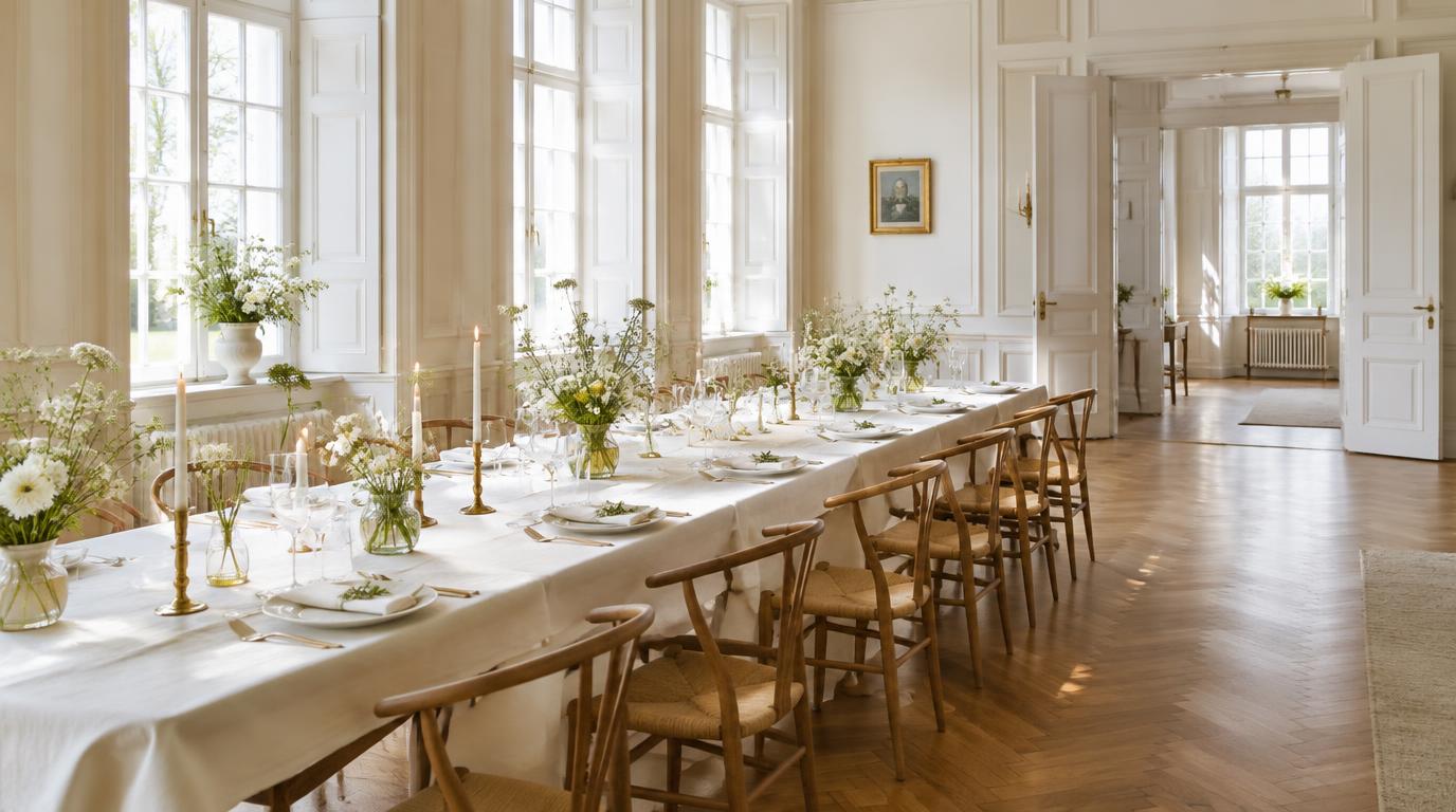 Genereret inspiration: bryllupsbord i en lys historisk sal