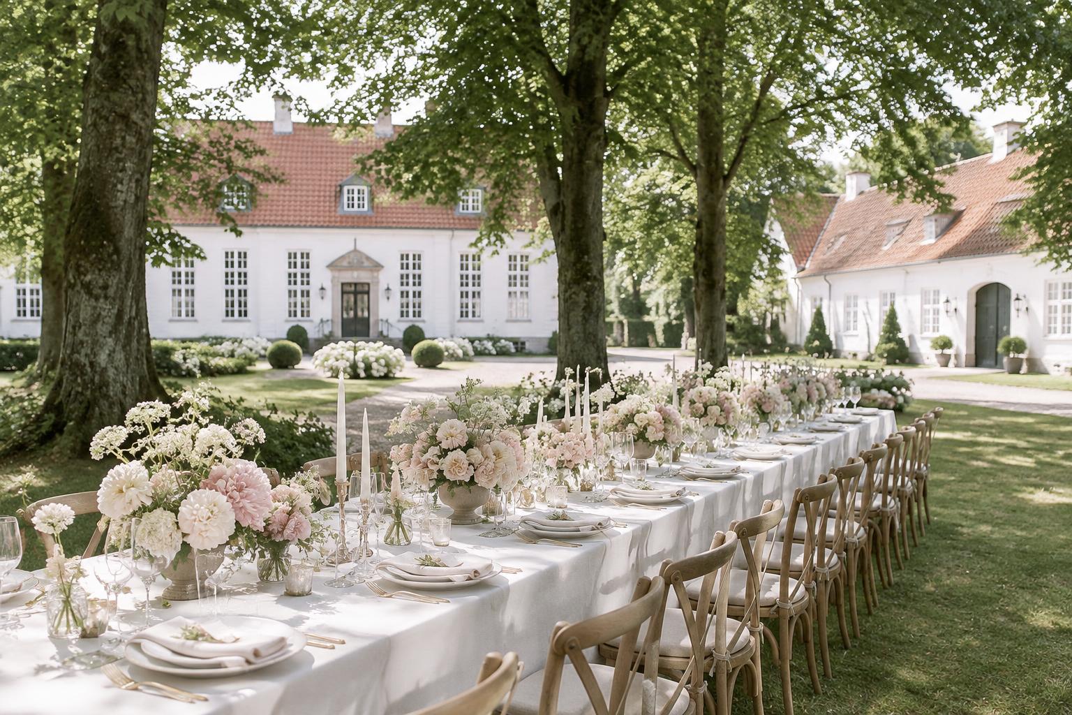Genereret inspiration: blomsterdækkede bryllupsborde under træer på en lys terrasse
