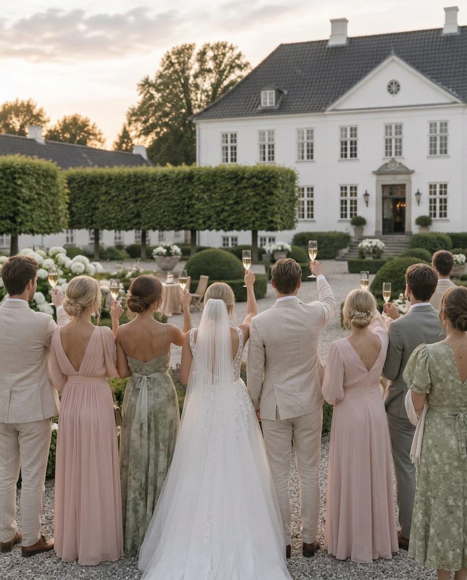 Genereret inspiration: brudepar og gæster skåler i en sollys have