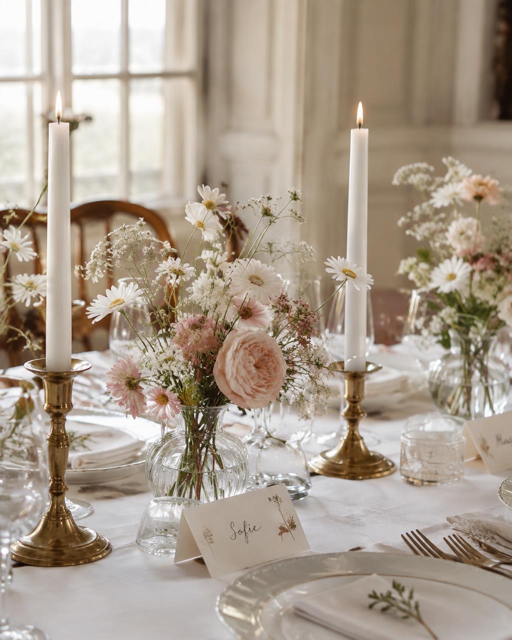 Genereret inspiration: blomster arrangeres ved et lyst dækket bord